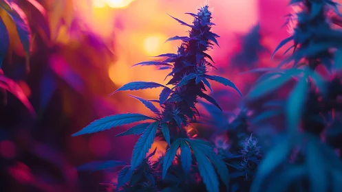 Cannabis plant silhouette under vibrant gradient lighting.