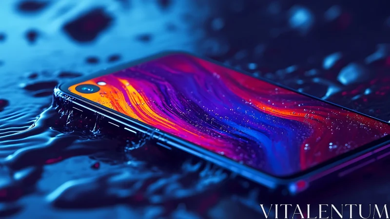 Sleek smartphone rests in vibrant water with glowing colors