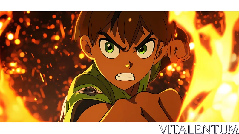 Fiery anime hero charges forward through blazing sparks.