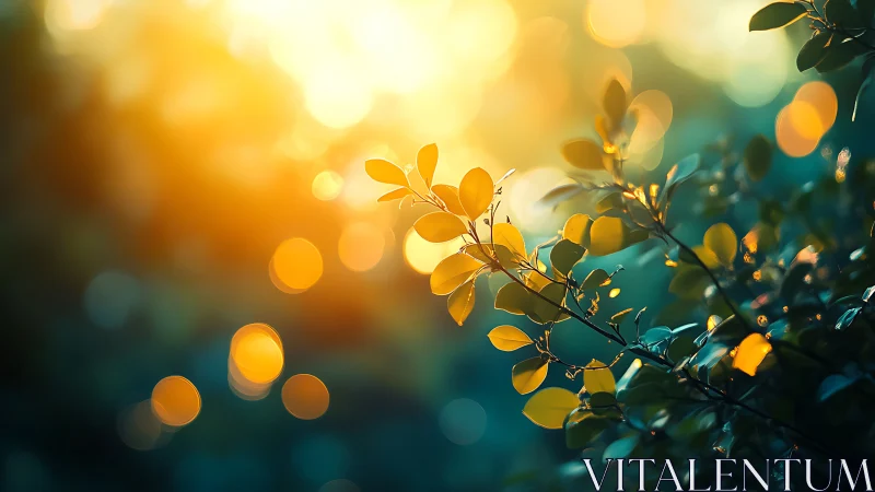 Sunlit Leaves with Bokeh in Nature, Warm and Dreamy Style.