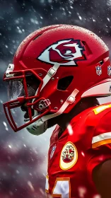 American football player in red helmet under snowstorm.
