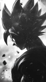 Saiyan warrior stands in dramatic monochrome profile.