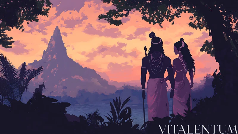 Silhouetted figures observing distant mountain at sunset.