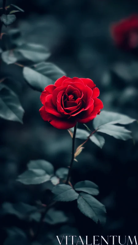 Vivid Red Rose Blooming Against Dark Moody Background.