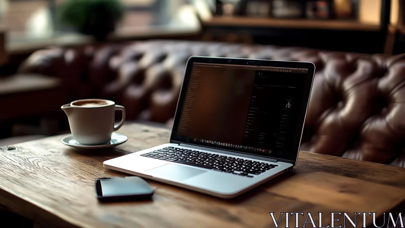 Laptop and latte plotting quiet victories in a leather nook.