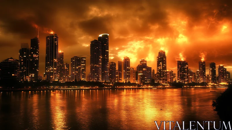 Blazing riverfront skyline under apocalyptic sunset glow.