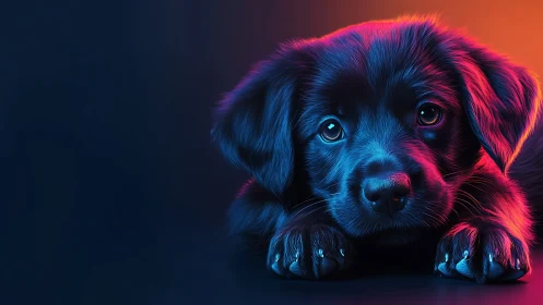 Neon-lit puppy dreams with glowing fur and gentle eyes.