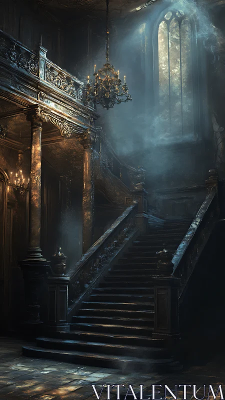 Gothic grand staircase under haunting cathedral light.
