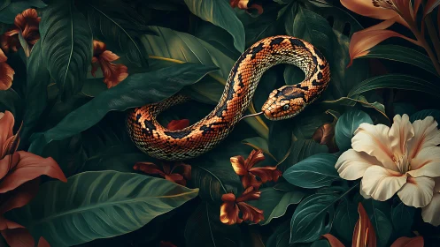 Copper blossom serpent curled in jewel-toned jungle hush.