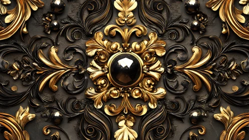 Baroque gold and black bas relief panel shows ornate acanthus symmetry