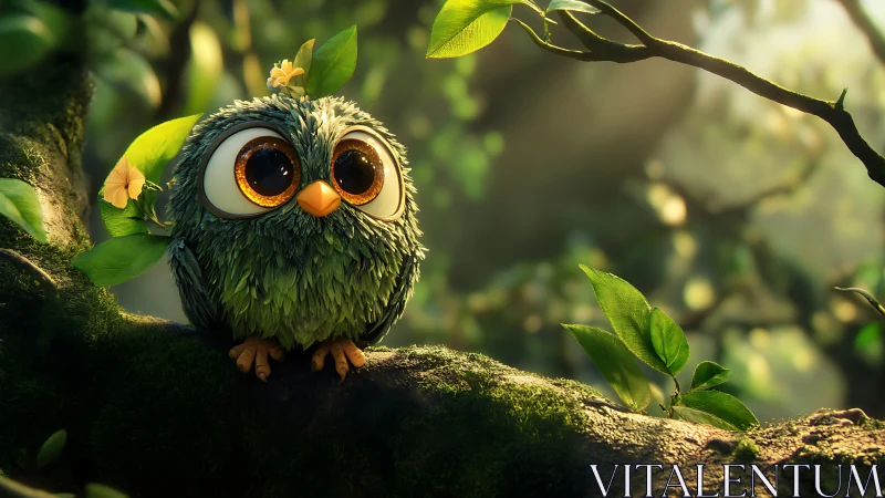 Cute Cartoon Owl on Mossy Branch in Whimsical Forest Scene.