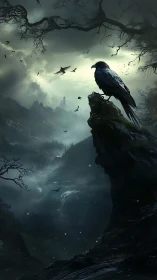 Raven overlooks misty mountain valley under stormy sky