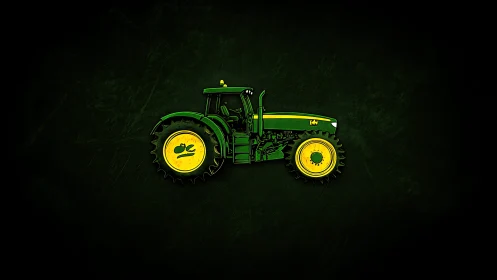 High-contrast green tractor illustration on textured dark field