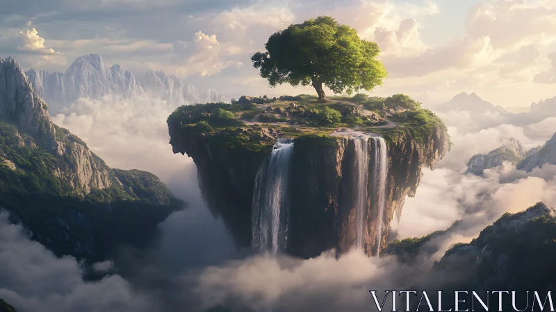 Mystical cliff island suspended among clouds with cascading waterfall.
