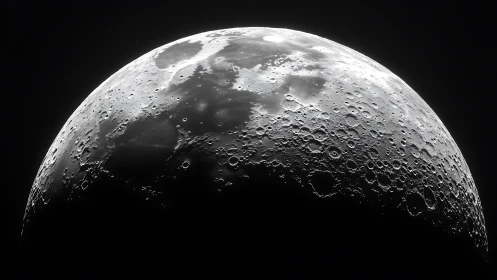 Detailed monochrome close-up of the Moon’s cratered surface.