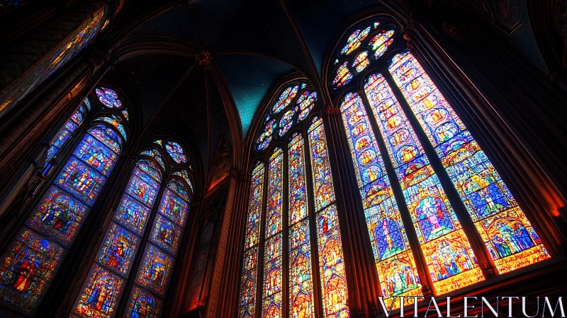 Gothic cathedral interior with illuminated stained glass windows.