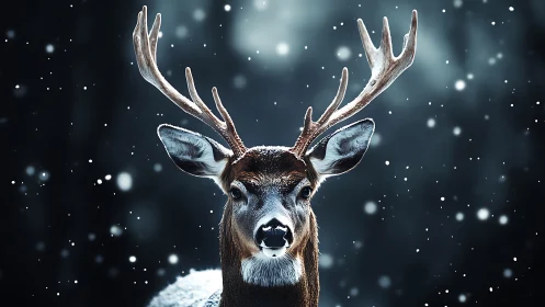 Stag portrait isolates against bokeh snowfall in cinematic focus