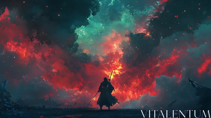 Stormlit wanderer carves a path beneath burning nebula skies