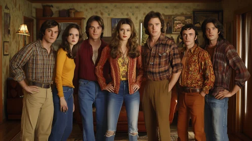 1970s living-room group portrait with coordinated retro outfits