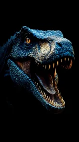 Blue-lit dinosaur head bares fanged jaws on black background.