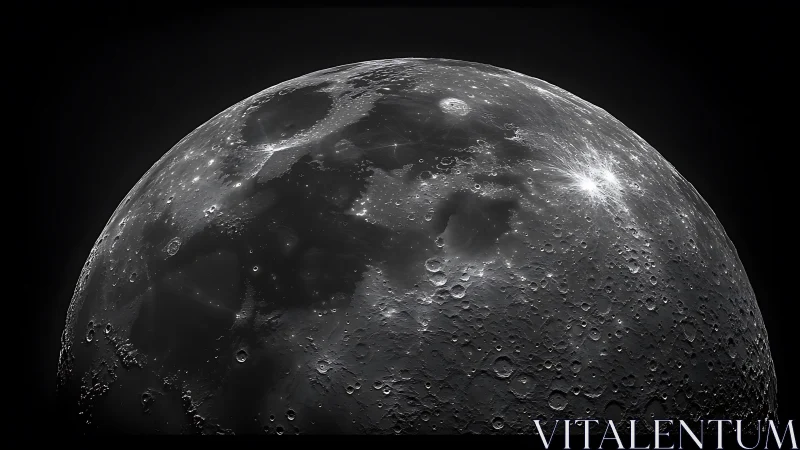 Luminous craterfields on a silver-laced moonrise globe.