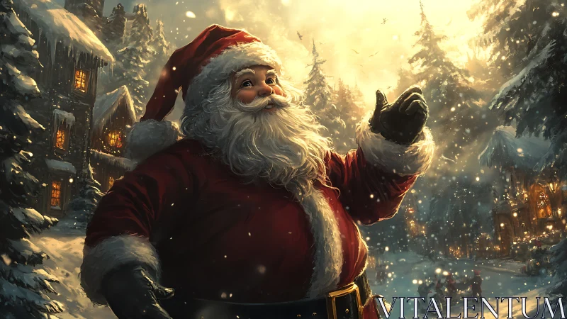 Santa Claus basks in golden winter light amid snowy village.