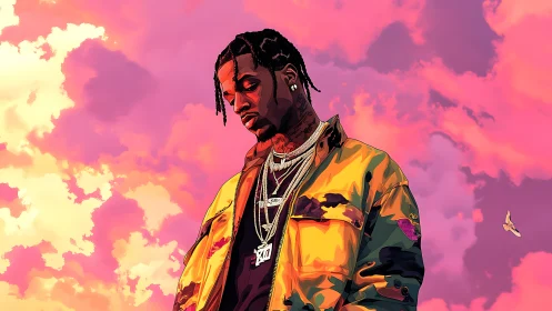 Digital portrait shows man in camo jacket against pink sky