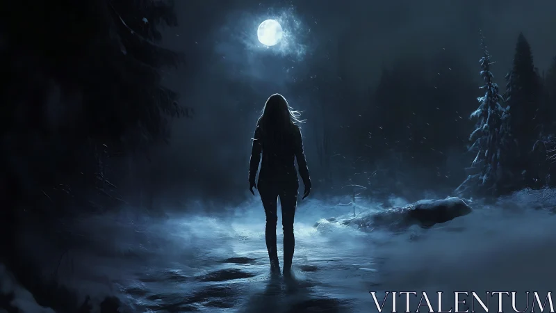 Digital nocturne of lone figure under winter moonlight path.