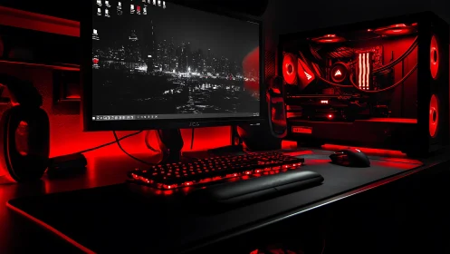 Desktop gaming workstation with red LED lighting setup.
