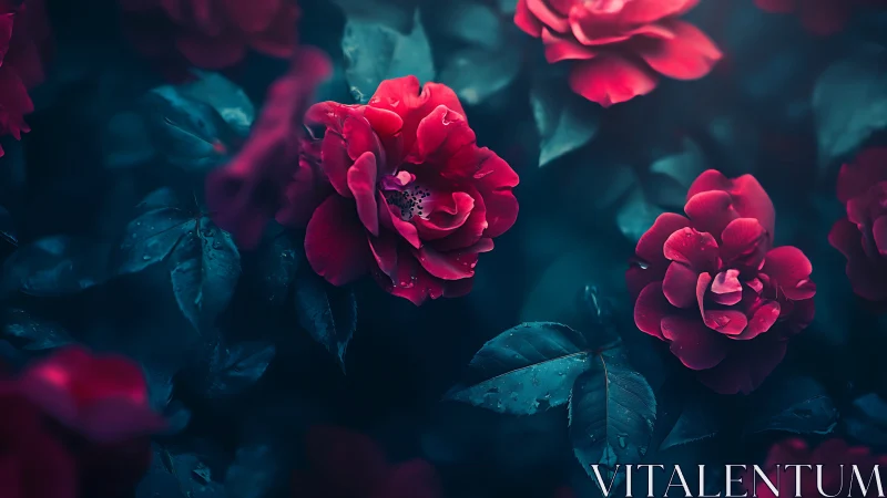 Deep Red Roses with Teal Foliage in Moody Lighting