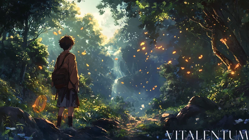 Youth with backpack observing dense forest waterfall scene.