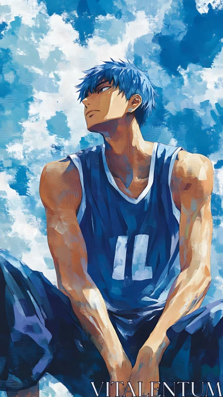 Aerodynamic blue-haired athlete under impasto skyscape.