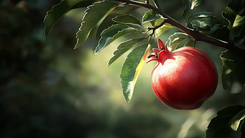 Sunlit pomegranate rendered with photorealistic depth of field