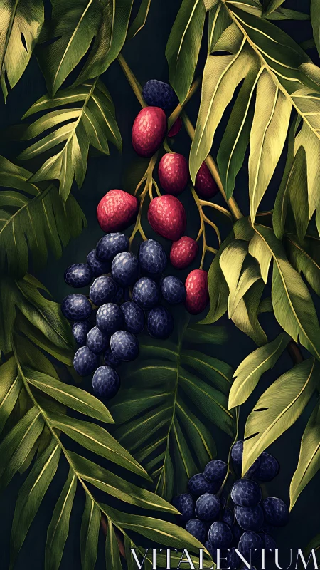 Lush palm fronds framing crimson and indigo berry clusters.