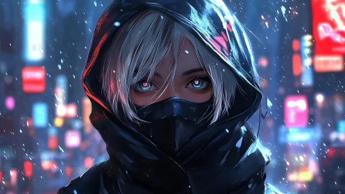Hooded cyberpunk vigilante stands in neon city snowfall