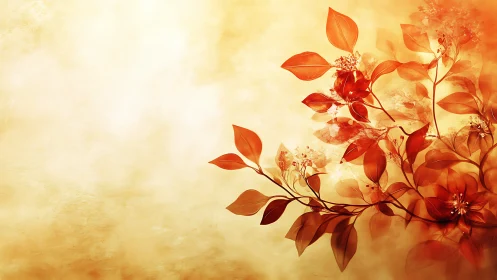 Red floral branch on warm beige textured background wall.