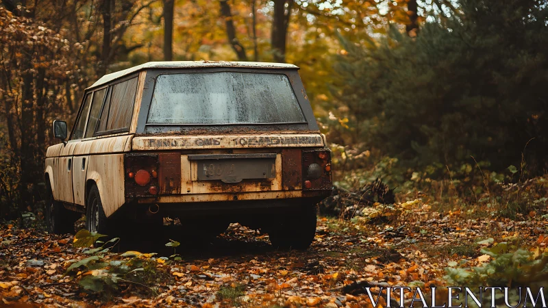 Corroded off‑road utility vehicle abandoned in autumn woodland.