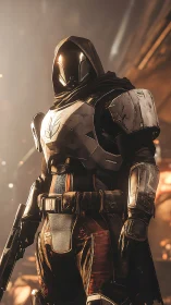 Hooded sci‑fi guardian in reflective battle armor stance.