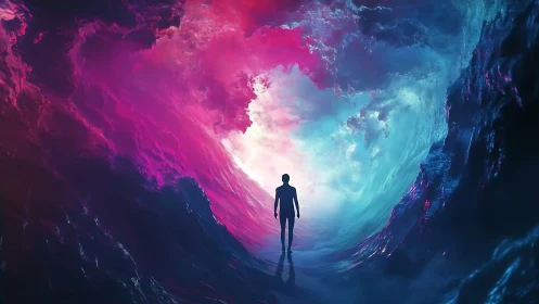 Stargazer steps through neon tides of liquid twilight