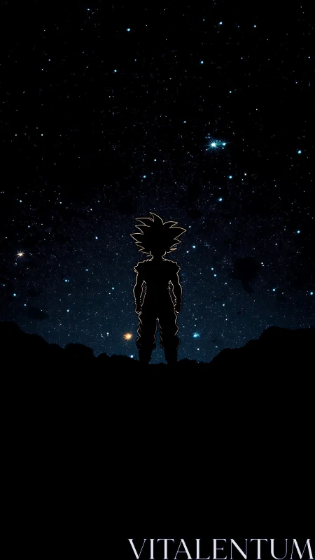 Silhouetted spiky-haired warrior observing dense starfield sky