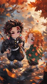Autumn stroll unites two chibi swordsmen in warm light