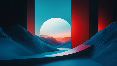 Geometric sunrise portal in surreal digital landscape composition.