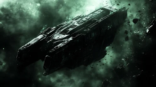 Silent starship drifting through glowing green nebula skies.