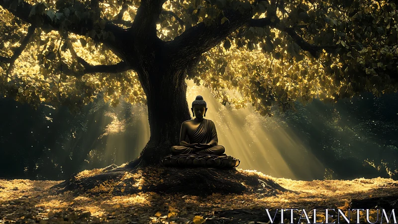 Radiant bronze Buddha under volumetric forest light field.