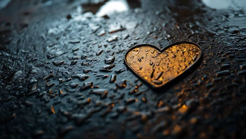Golden Heart on Wet Dark Surface.