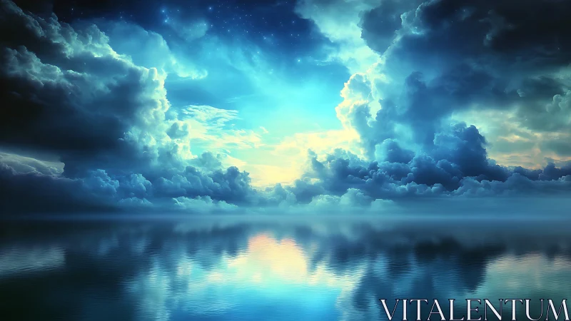 Celestial storm clouds rise over mirrored twilight sea.