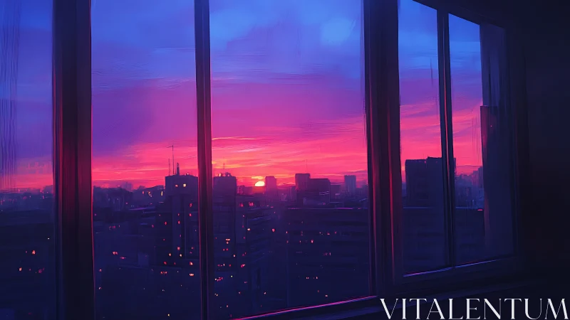 Window-framed urban skyline under high-saturation magenta sunset