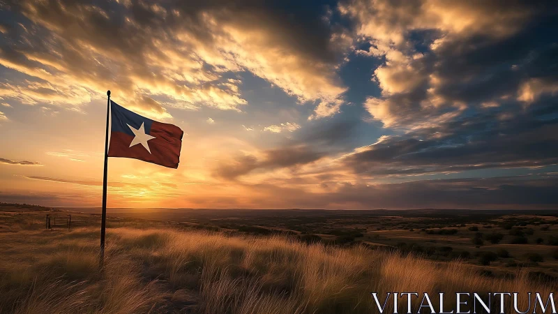 Lone star flag leans into a wind-swept, firelit prairie dusk