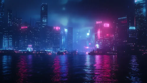 Neon cyberpunk harbor skyline glows through rainy night