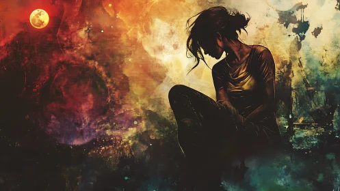 Solitary dreamer curled beneath a storm of cosmic color.